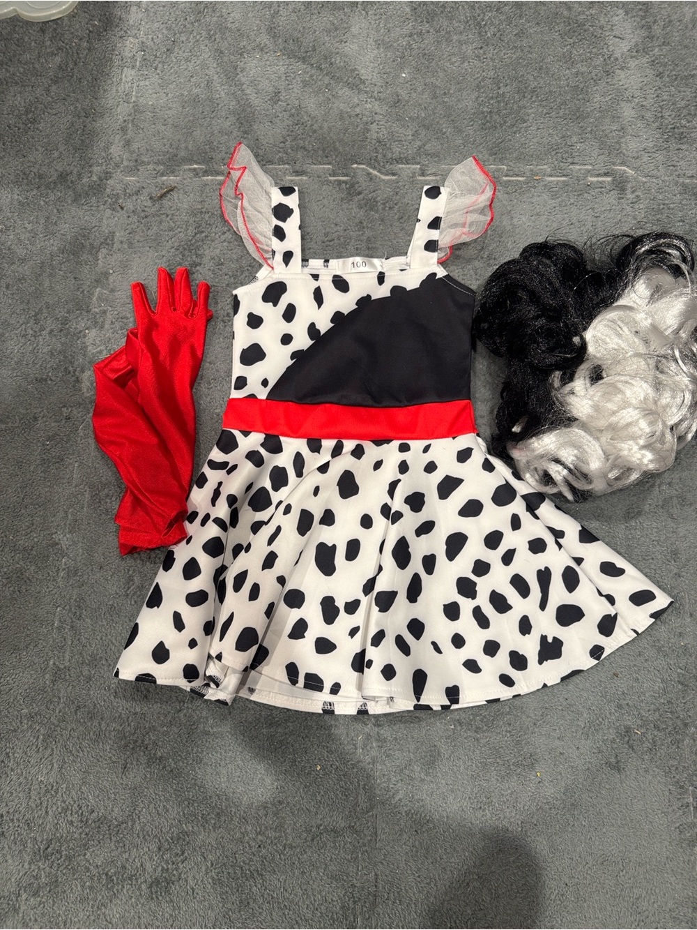 Cruella DeVil Dalmatian Spot Kids Costume Dress with Red Belt